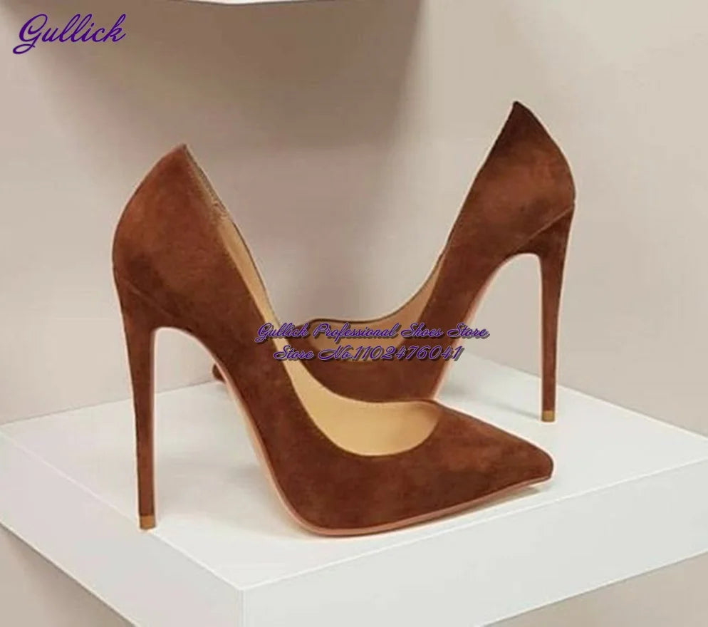 Gullick Women Hot Pink Suede High Heel Shoes 12Cm 10Cm 8Cm Stilettos Slip-On Pointed Toe Wedding Shoes Shallow Pumps Size45