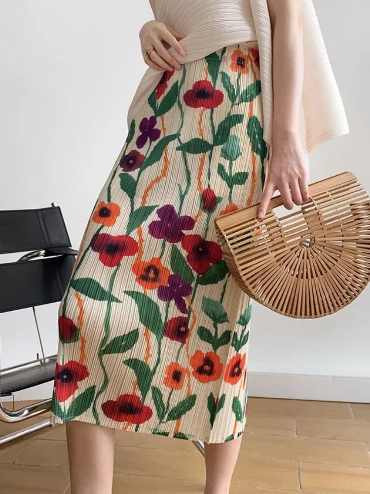 Midi Print Skirts Women Vintage Summer Holiday Back-slit Mujer Aesthetic Prairie Style Office Lady Ins Temperament Casual Daily