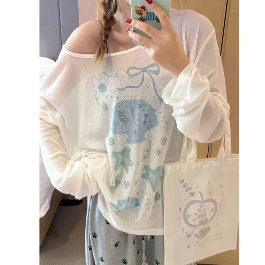Printing Sexy Perspective Pullovers Top Summer New Long Sleeve Loose Lazy Style Simplicity T Shirts Fashion Casual Women Clothes