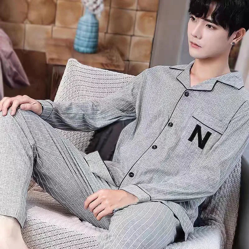 Pajamas for Men Spring and Autumn Long-Sleeved Young Men's Simple Casual Lapel Autumn and Winter Home Wear Set