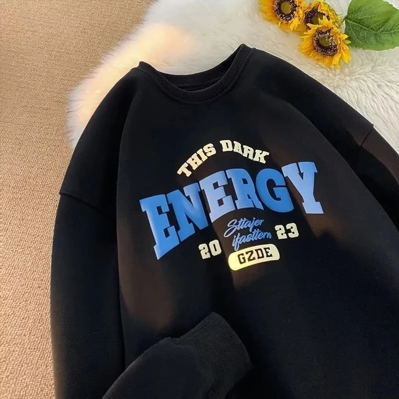 【M-8XL Sweatshirts】Men Oversized Sweatshirt Fashion Loose American Minimalist Alphabet Print Long Sleeve Couple Clothes