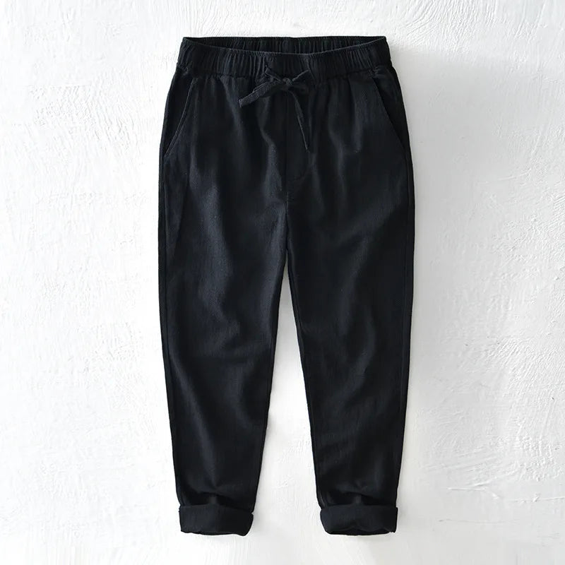 70% Linen,30% Cotton Men's Drawstring Elastic Waist Casual Pants, Straight Loose Ramie Trousers, Camping Fishing Comfortable