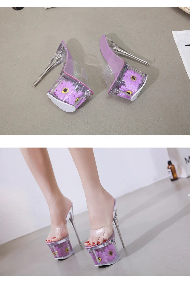 Crystal Transparent Shoes Women 17.5CM Super High Heels Plus Size Nightclub Sandals Clear Thin Heeled Fashion Female Slippers