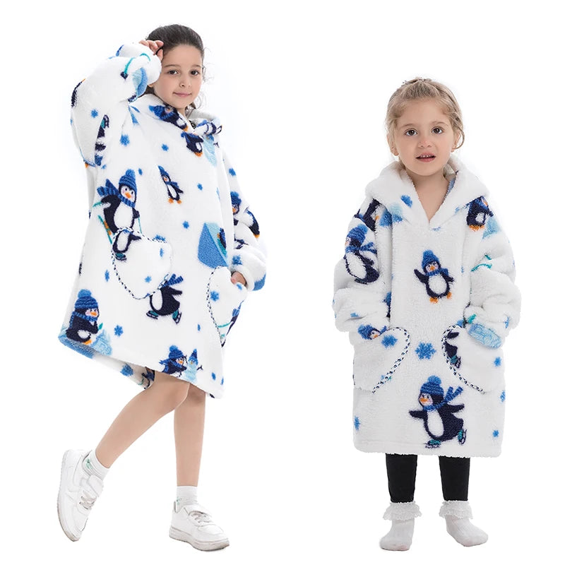 Girls Winter Clothes Flannel Thick Hoodies Super Warm Children's Sweaters Kids Hooded Loose Clothing Homewear Wearable Blankets