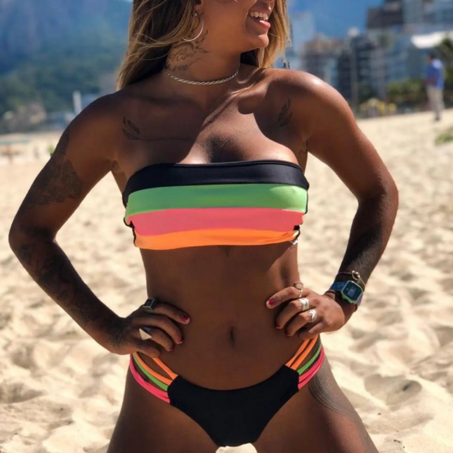 Women's Swimsuit Sexy Split Bikini Plain Cloth Splicing Striped Swimsuit Swimwear