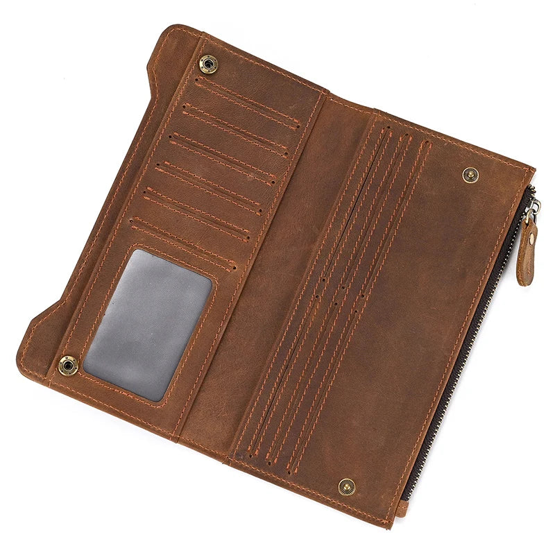 Men's Crazy Horse Leather Long Wallet Brown Real leather Trifold clutch snap purse Hasp purse with Phone pocket and coin pocket