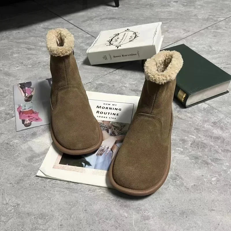 Careaymade-Genuine cow leather Snow cotton round head flats woolen short boots plush warm snow boots Oversized shoes size 35-43