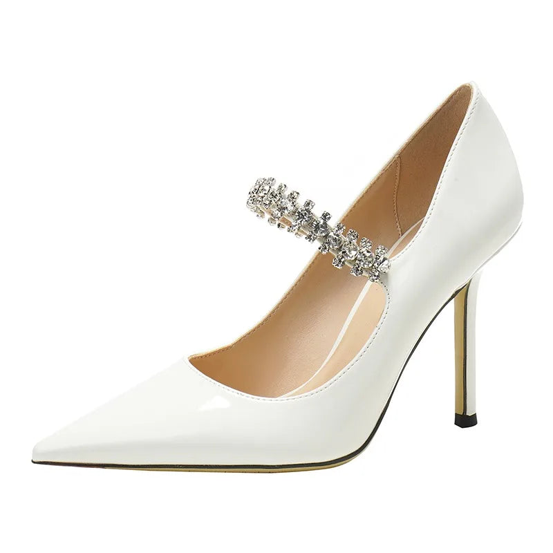 Spring 2025 New French Rhinestone Pointed White High Heels Temperament Patent Leather Shoes Women Wedding Pumps