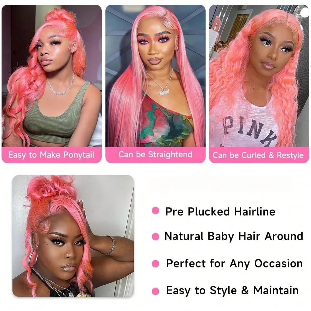 13x6 Pink Body Wave Lace Front Wigs For Women Long Wavy Hair Wig Soft Lace Wig With Natural Hairline Human Hair Party Cosplay