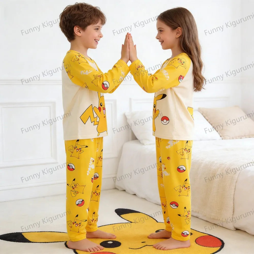 Cartoon Pijamas for Kids 3 to 5 7 9 11 13 Years Clothing Sets Boys Home Wear Girls Full Sleeve Pikachu Pajamas Teen Loungewear