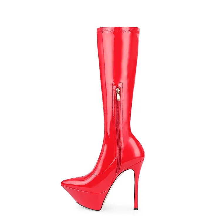 New Women Knee High Boots Patent Leather Pointed 15cm High Heels Winter Short Plush Waterproof Platform Girl Boots Large 34-45