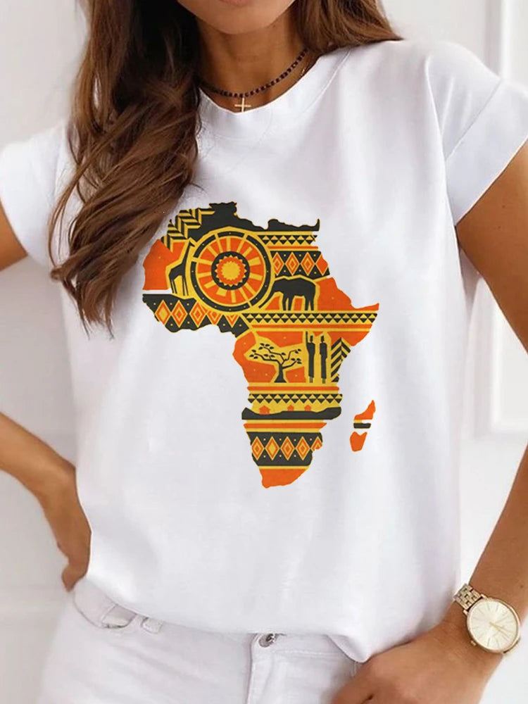 New African Funny Ladies Clothes Casual Short Sleeve Tshirt T Shirt O-neck Loose Summer White Tee Top Print Camisetas De Mujer