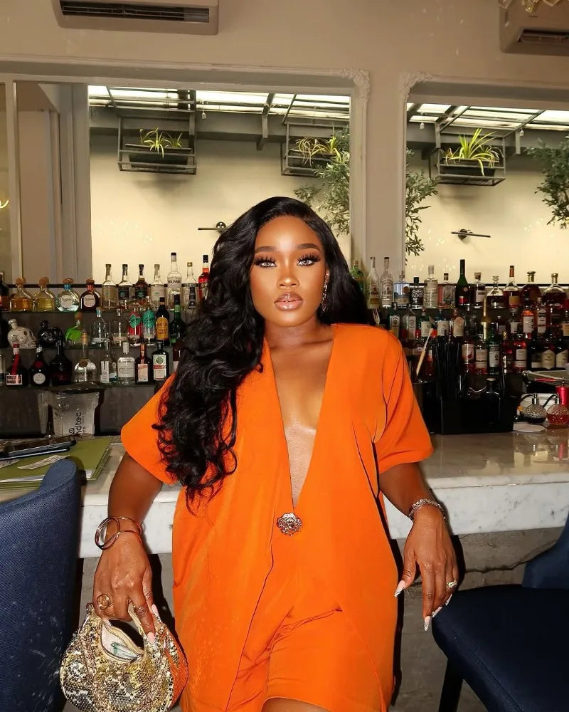 Women's African Style 2 Piece Set Sexy Summer Orange Deep V Neck Blazer & High Waist Shorts Elegant Party Club Outfits