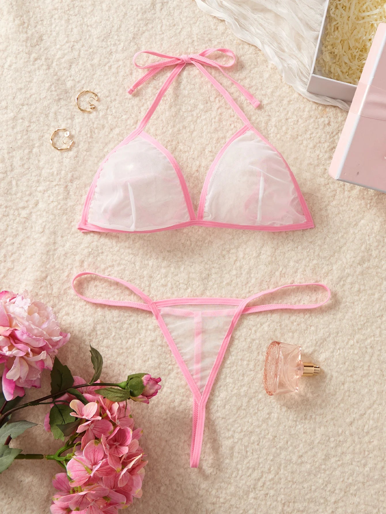 Pink Transparent Mesh Bikini Set See Through Cups Sexy Female Lingerie Hot Underwear For Women Erotic Costumes Bra & Thongs Sets