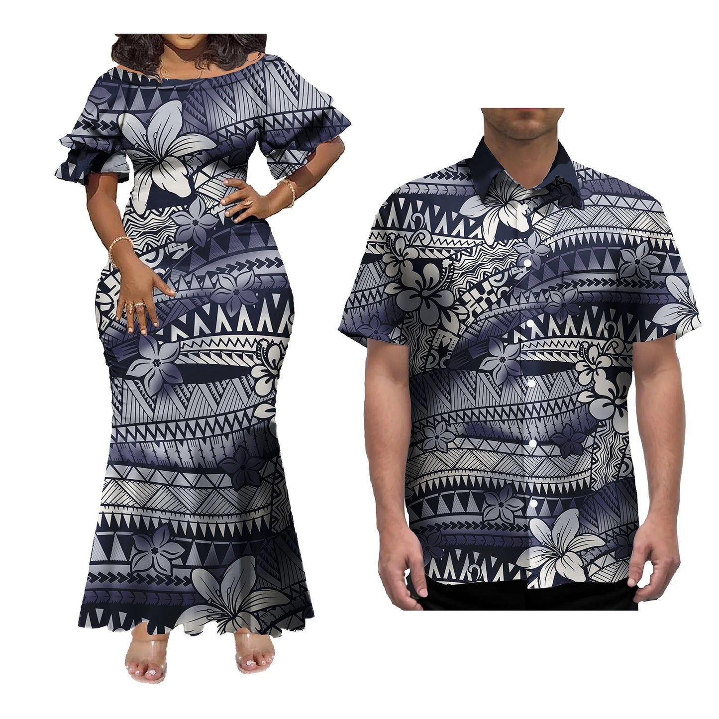 Mermaid Dress And Buttons Shirt Polynesian Couple 2 Pcs Set Plus Size Party Samoan Puletasi Matching Couple Outfits