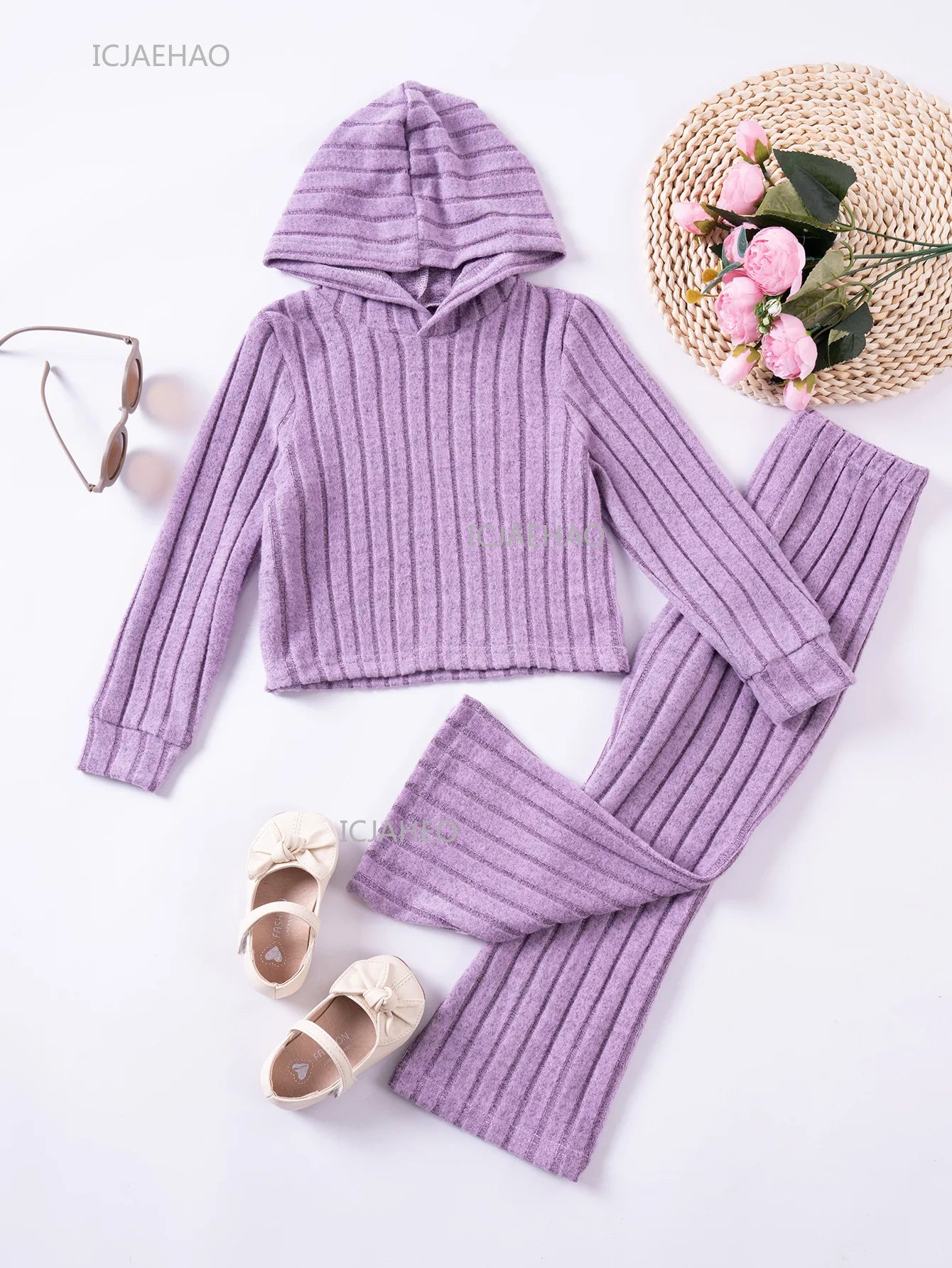 Girls Children Outfit Set Hooded Knit Sweater Long Sleeve Solid Pants Casual Clothing for Kids Toddler Daily Wear Autumn Spring