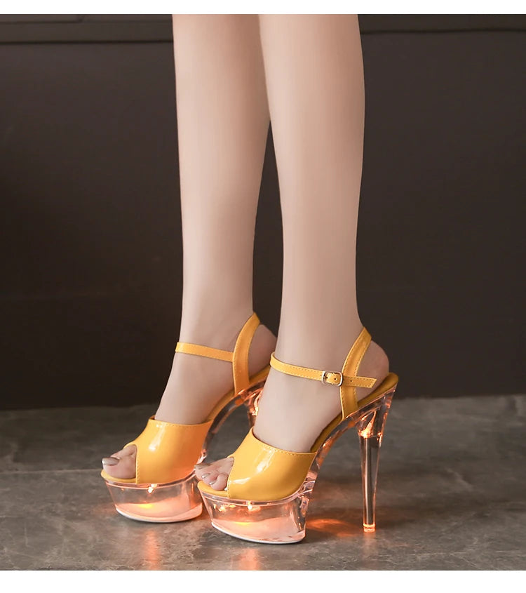 Women's Transparent And Glowing High Heels Red LED Light Up Party Sandals Nightclub Pole Dance Shoes 14.5CM Summer Runway Pumps