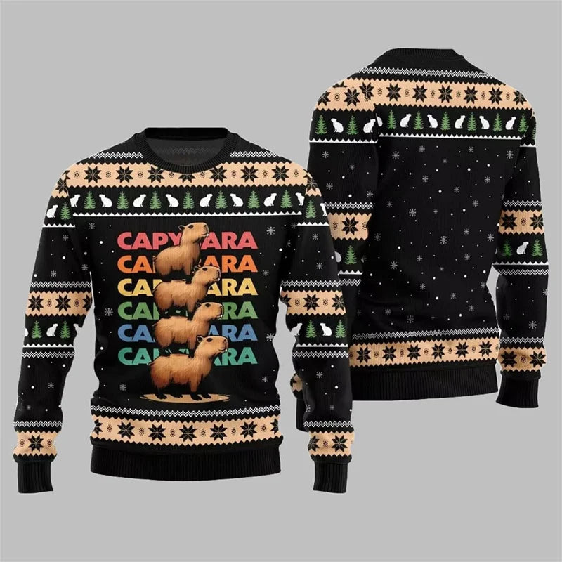 Cute Capybara Print Design Ugly Christmas Sweater Child Adult Long Sleeve Christmas Pullover Sweatshirt Festival Hot Men Sweater