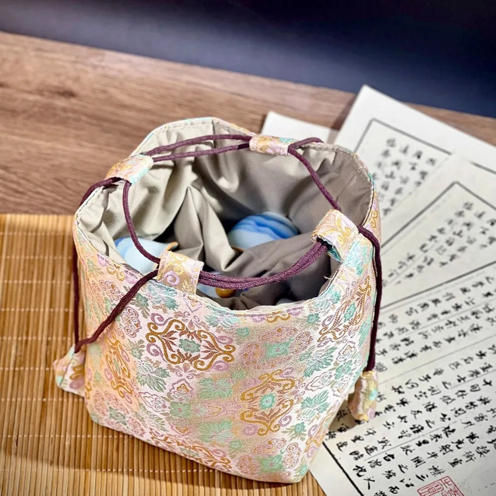 Chinese Style Tea Set Organizer Bag Embroidered Breakage-proof Teacup Drawstring Cloth Pouch Tea Ceremony Accessories