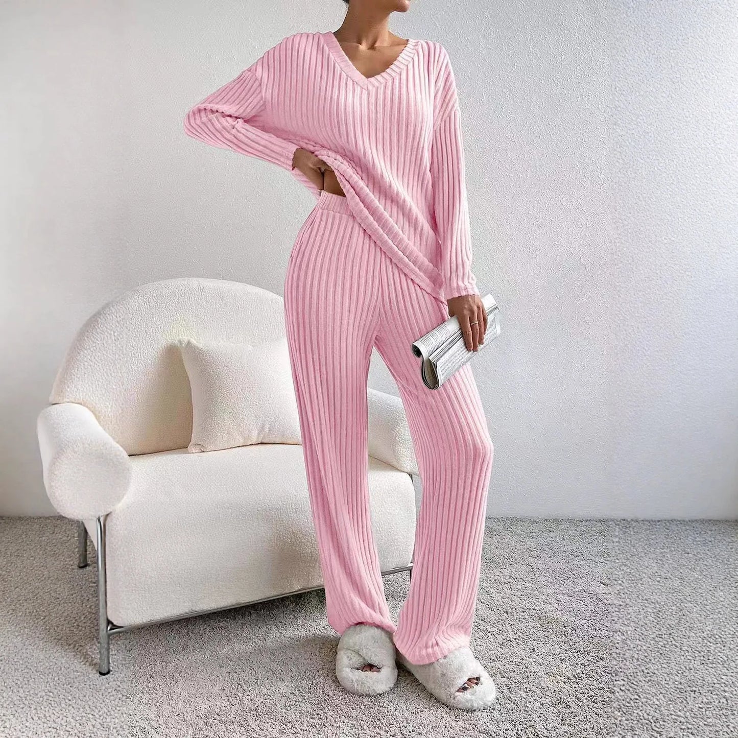 Fashionable Knitted Two-Piece Set Casual V-Neck Long Pants Autumn Winter New Style Loose Fit Korean Style Comfortable Polyester