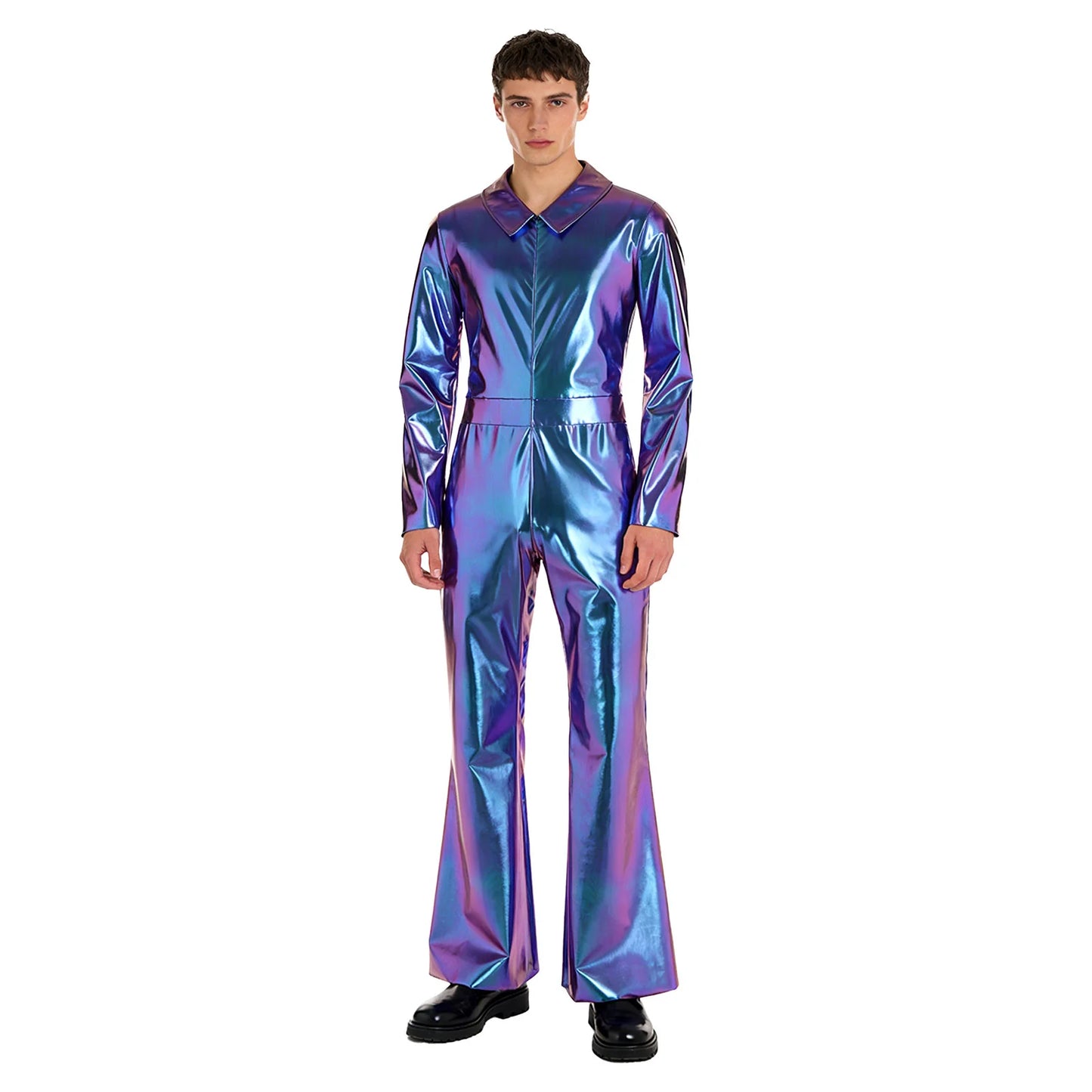 Mens 70s Disco Hippies Jazz Dance Performance Costume Metallic Shiny Unitards Jumpsuit Wide Leg Pants Rompers Vintage Clubwear