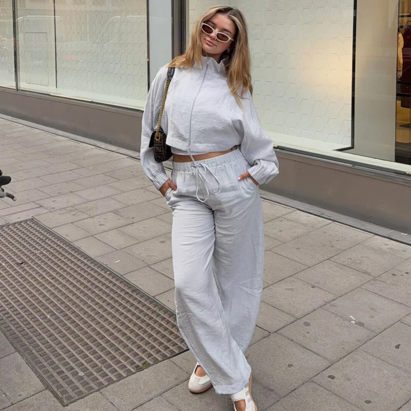 HXAO Women's 2 Piece Tracksuit Set Cropped Jacket Pants Sets Summer Long Sleeve Zip Up Top Wide Leg Trouser Suit Pink Sportswear