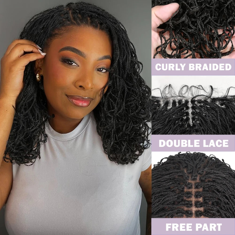 Synthetic Full Lace Front Braid Wig 14inch Curly Faux Locs Black Color Large Parting Space Twist Dreadlock Wigs for Black Women