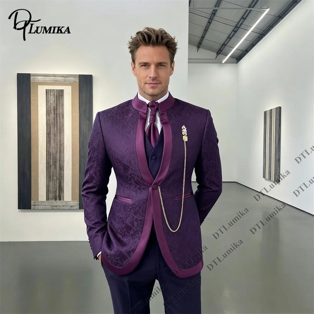 Jacquard Three-Piece Men’s Suit (Jacket + Waistcoat + Trousers) One Button Customized Men's Black-Tie Party Tuxedo Big & Tall