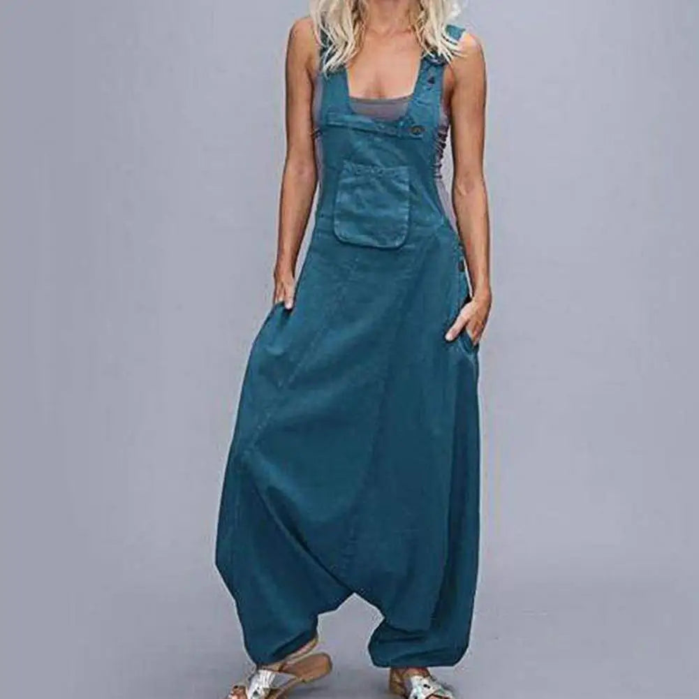 Women Summer Loose Thin Jumpsuits Harem Pants Wide Leg Pants Sleeveless Pockets Bib Jumpsuit Siamese Trousers Large Size S-5XL