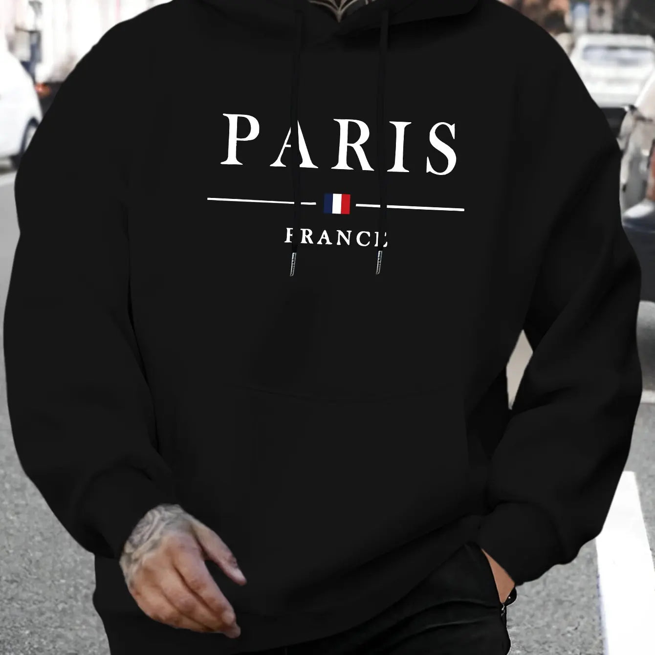 Men's autumn and winter casual fashion loose Paris letter pattern printed long sleeved hooded sweatshirt warm pullover BAZAARHUBO