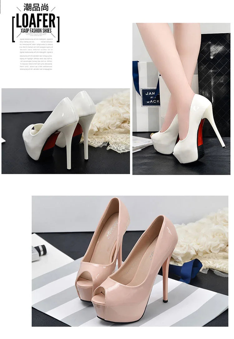 Women Pumps Sexy Platform Peep Toe Shoes 14cm Thin High Heels Stiletto Patent Leather Fashion Party Nighclub Wedding Dress Shoes