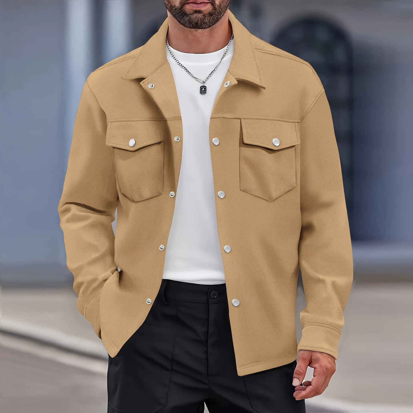 Men's Casual Turn Down Collar Button Up Jacket with Flap Pockets Lightweight Shacket
