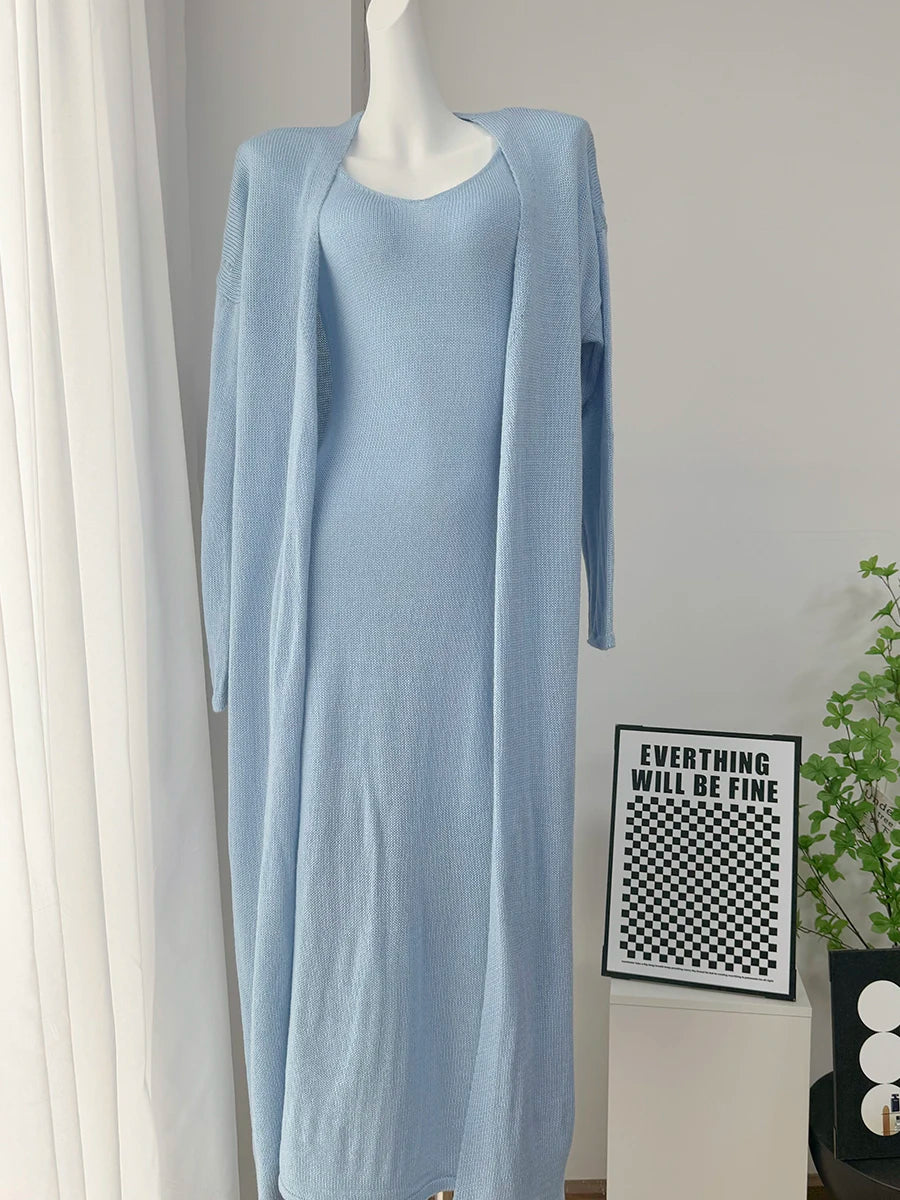 Hirsionsan Soft Loose Sets Women Three Pieces Long Sleeve Cardigan & Sexy Vest Dresses Elegant Female Hollow Outfits Tracksuit