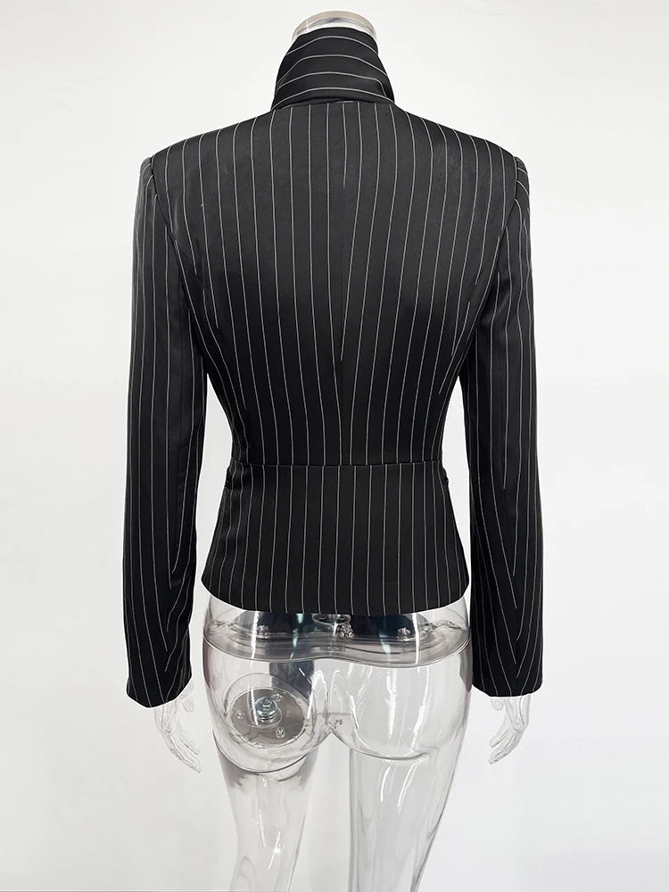 Taruxy Striped Print Vneck Ribbon Suit Coat For Women Long Sleeve Office Blazer