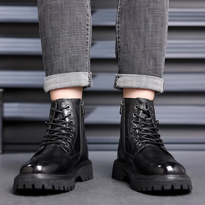 Luxury Brand Men Genuine Leather Stylish Ankle Boots Winter Classic Lace-up Antiskid Thick Bottom Boots Men Casual Leather Shoes