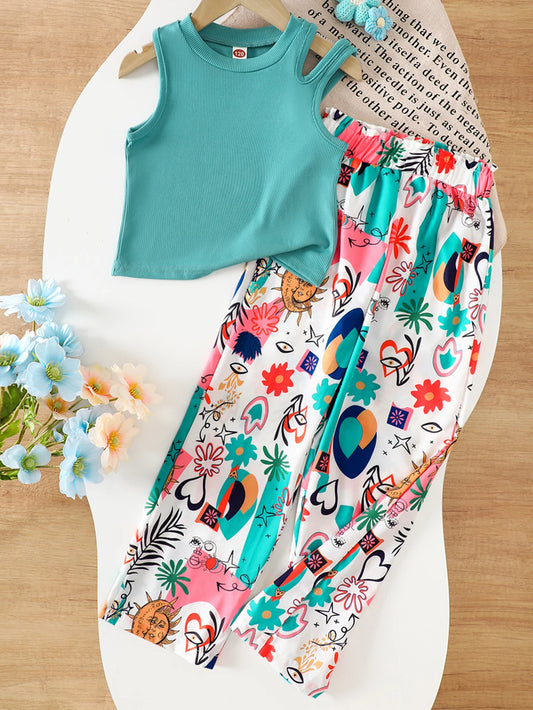 Teen Girls Summer Clothes Set Fashion Ribbed Top & Tropical Wide Leg Pants 2PCS Kids Streetwear Outfits for Party 5-14 Y