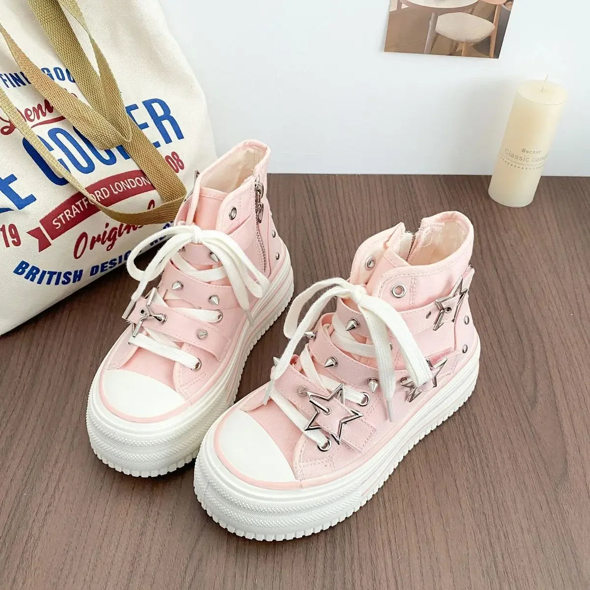 Y2K Pink High-top Canvas Shoes for Women Design Rivet Buckle Lace-up Platform Women's Summer Sports Shoes Fashion Board-shoe