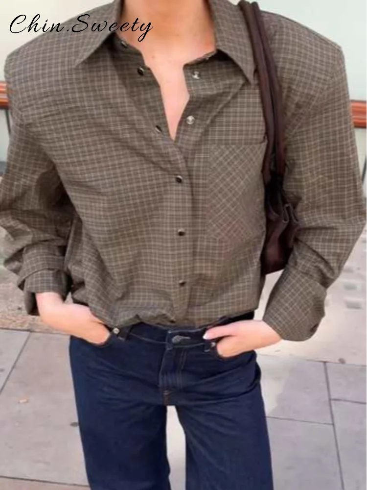 Casual Women's Green Plaid Shirts Loose Lapel Long Sleeve Single Breasted Pockets Female Shirt 2025 Autumn Lady All-match Tops
