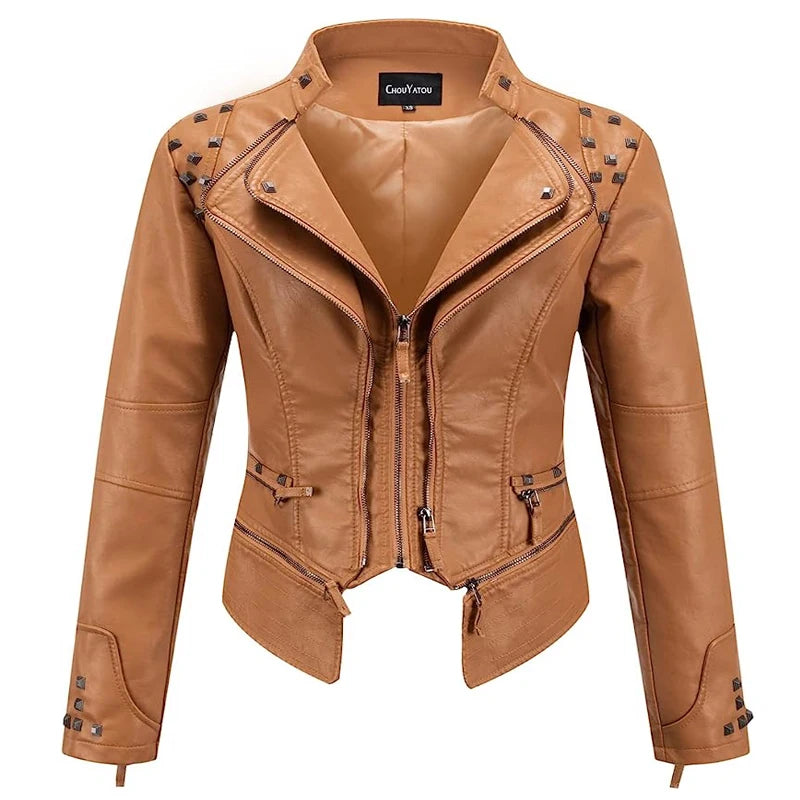 2025 Spring Women PU Leather Jacket With Suit Collar And Rivet Waist