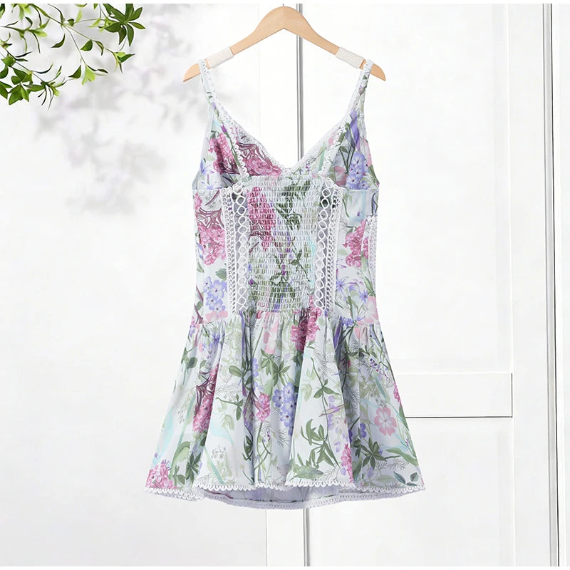Floral Print Women Mini Skirt Set Lace Sleeveless Hollow Out Cami Shirred Waist Ruffle Hem Short Skirts 2026 Summer Chic Suit