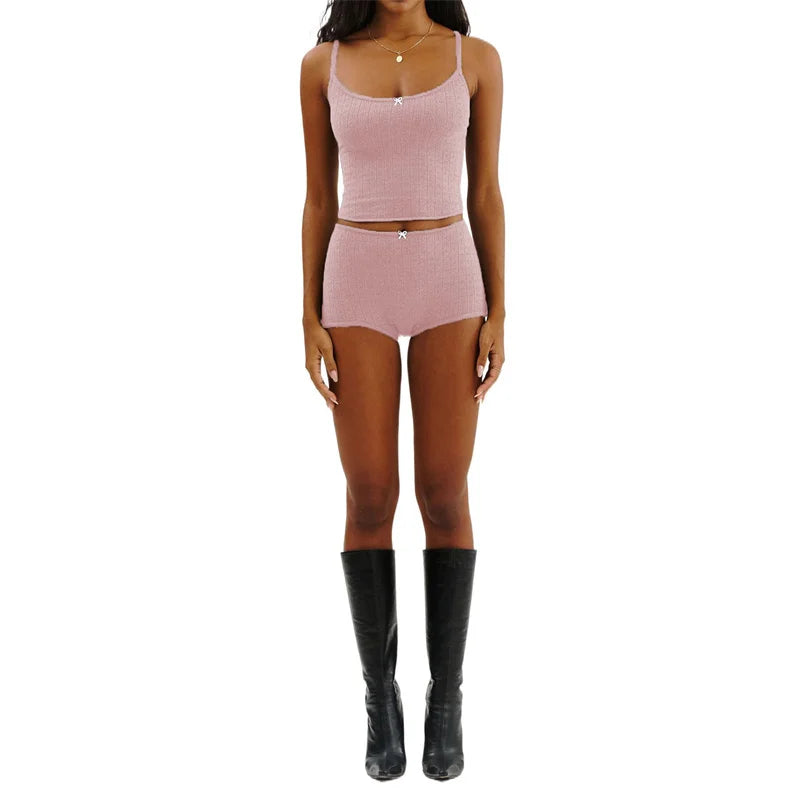 Xingqing y2k Pajamas Sets Women Bow Sleeveless Knitted Camisole Tops and Elastic Shorts Loungewear Soft Sleepwear for Nightwear