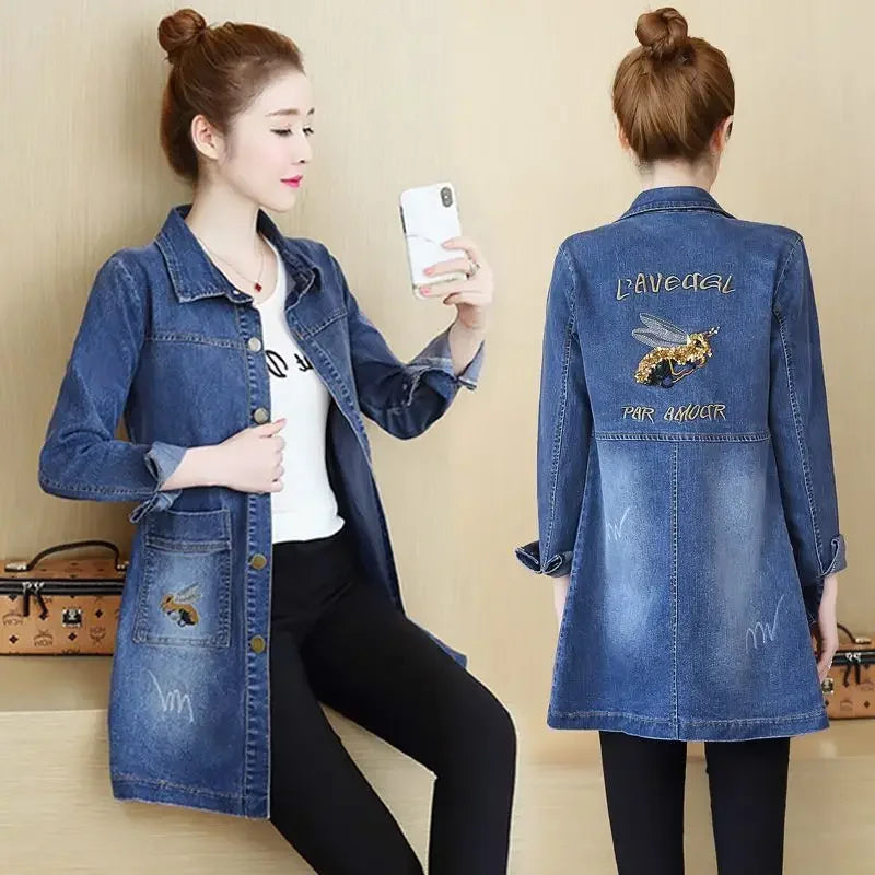 Plain Female Jeans Coats Korean Women's Denim Jackets Long Trench Designer in Promotion 2025 Trend Deals Chic and Elegant New