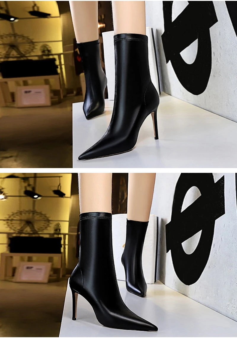 Eilyken Fashion Winter High Quality Soft PU Leather Socks Women Ankle Boots Street Style Pointed Toe Thin Heels Ladies Botines
