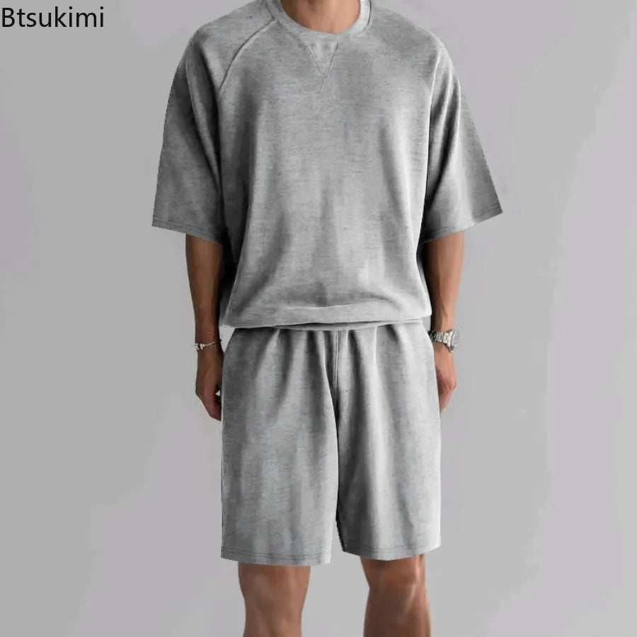 New 2026 Summer Men's Two Piece Sets Casual Loose Short Sleeve O Neck Tees and Shorts Tracksuits Men Stylish Solid Color Suits