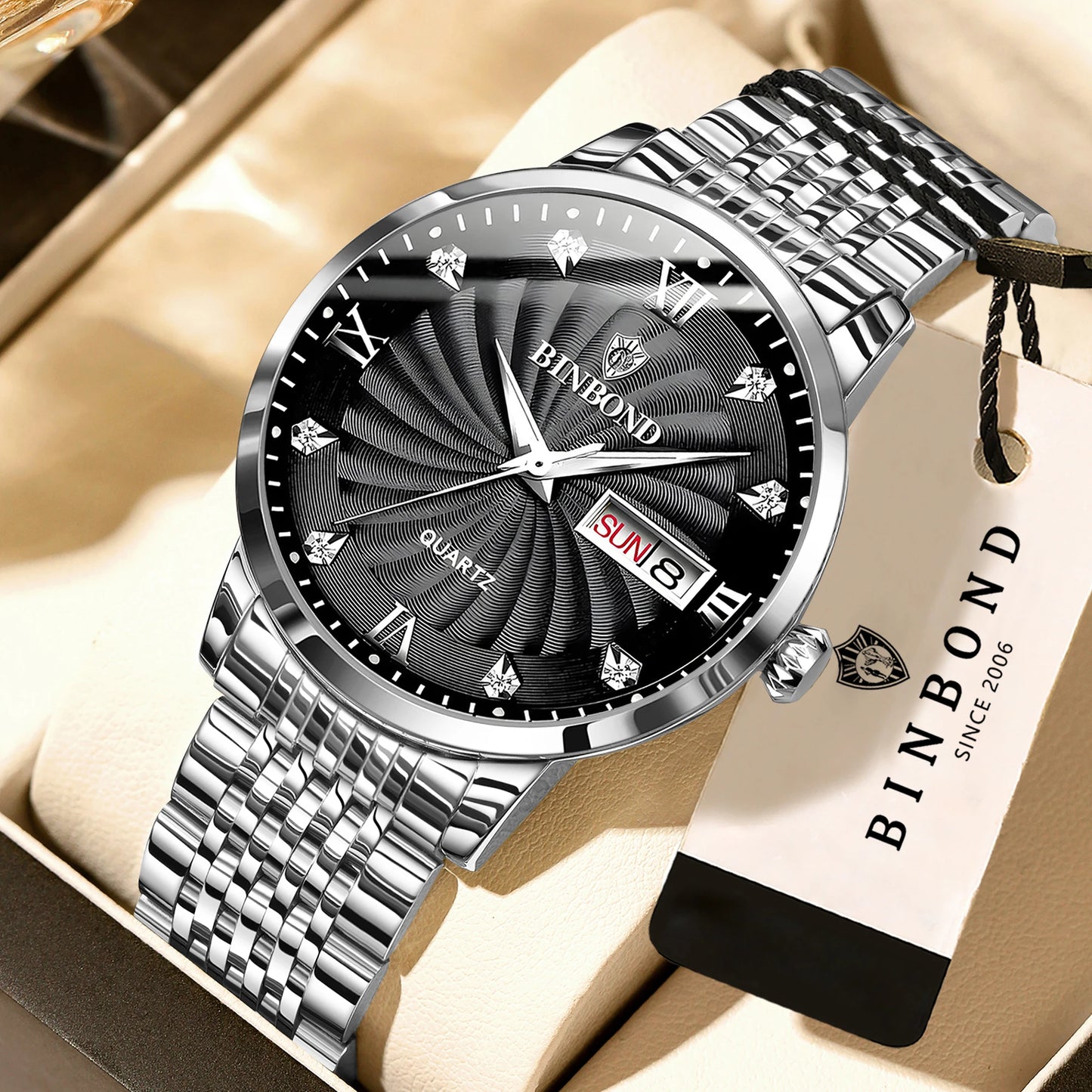 BINBOND Quartz Watches for Men Luxury Luminous Waterproof Precise Auto Date Week Display Men's Watch Casual Sturdy Reloj