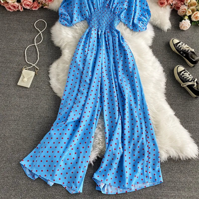 V Neck Sexy Dolman Sleeves Waist Slim Floral Print Jumpsuit Women Wide Leg Trousers Jumpsuit
