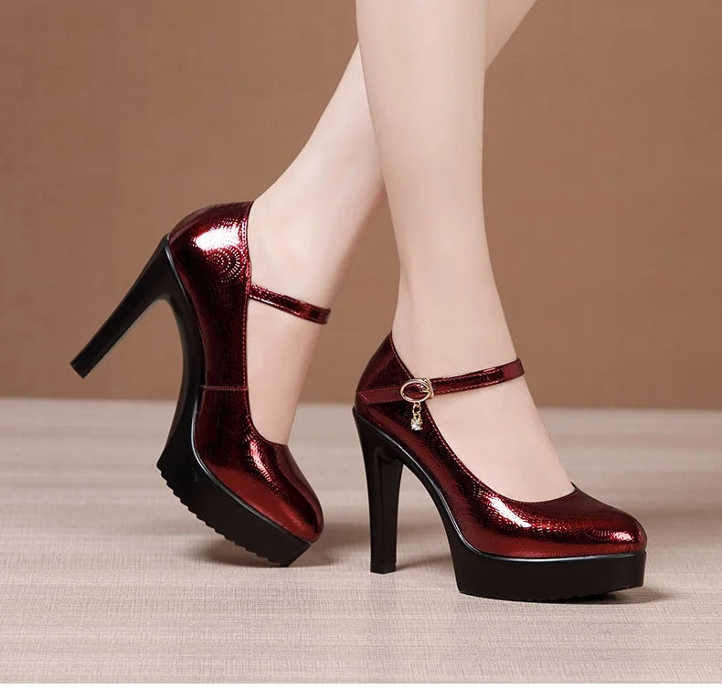 9cm 11cm 13cm Small Size 32-43 Sexy Bright Leather Shoes Women's Platform Pumps 2026 Fall Block High Heels Shoes Model Party