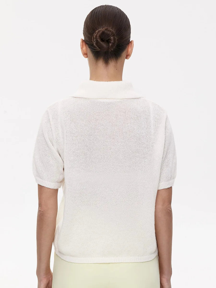 Bronladies Women's Polo Hollow Knitted Short Sleeved Sweater Spring Summer Bubble Sleeve T-shirt Female Simple Knitted Sweater