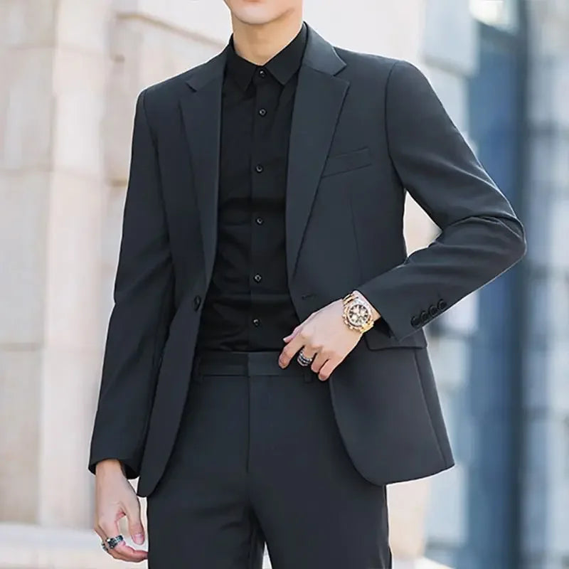 2 Piece Outfit Set Male High Quality 2025 Solid Color Slim Fit Full Men's Suits and Blazers Fashion Pants Luxury Elegant Classic