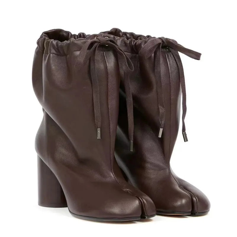 Street Style Fashion Split Toe Women Mid-calf Boots Autumn Winter Genuine Leather Tabi High heels Modern Chunky Booties Shoes